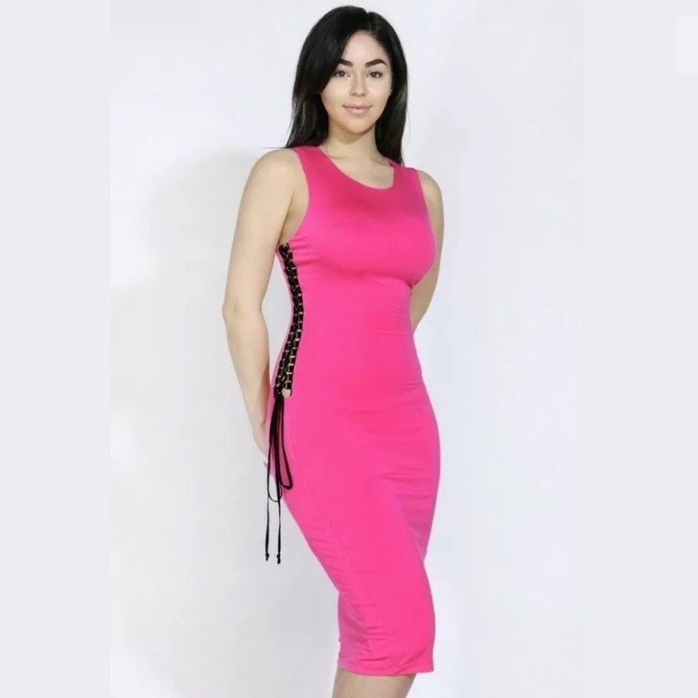 🚨LAST ONE🚨 Pink Sleeveless Side Self-Tie Up Dress - LARGE